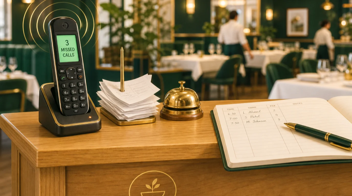 Le téléphone d'un restaurant affiche trois appels manqués tandis que les serveurs s'affairent en salle