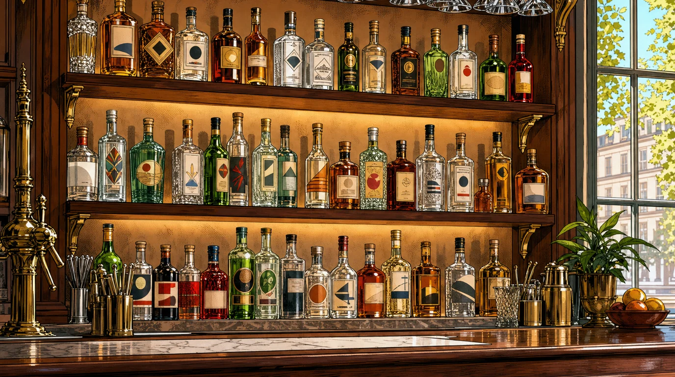 Backbar of a sunlit cocktail bar with neatly arranged bottles on illuminated shelves