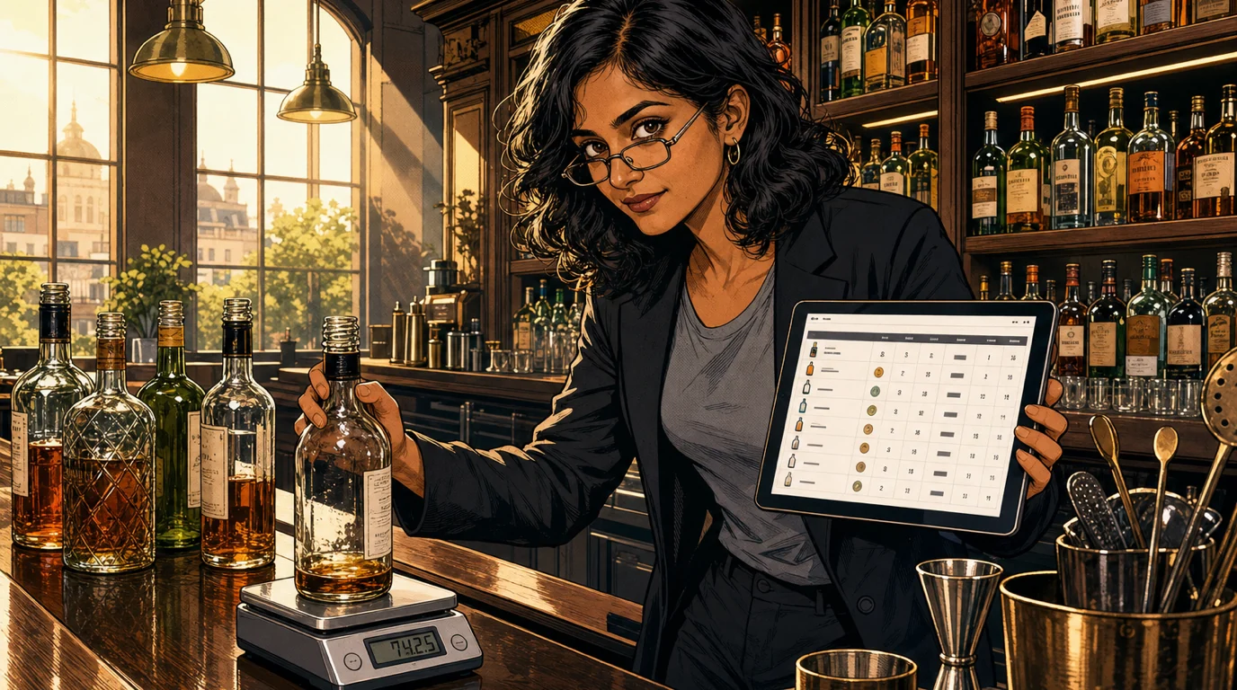 Bar manager counting opened bottles with a digital scale and tablet during a bright morning inventory