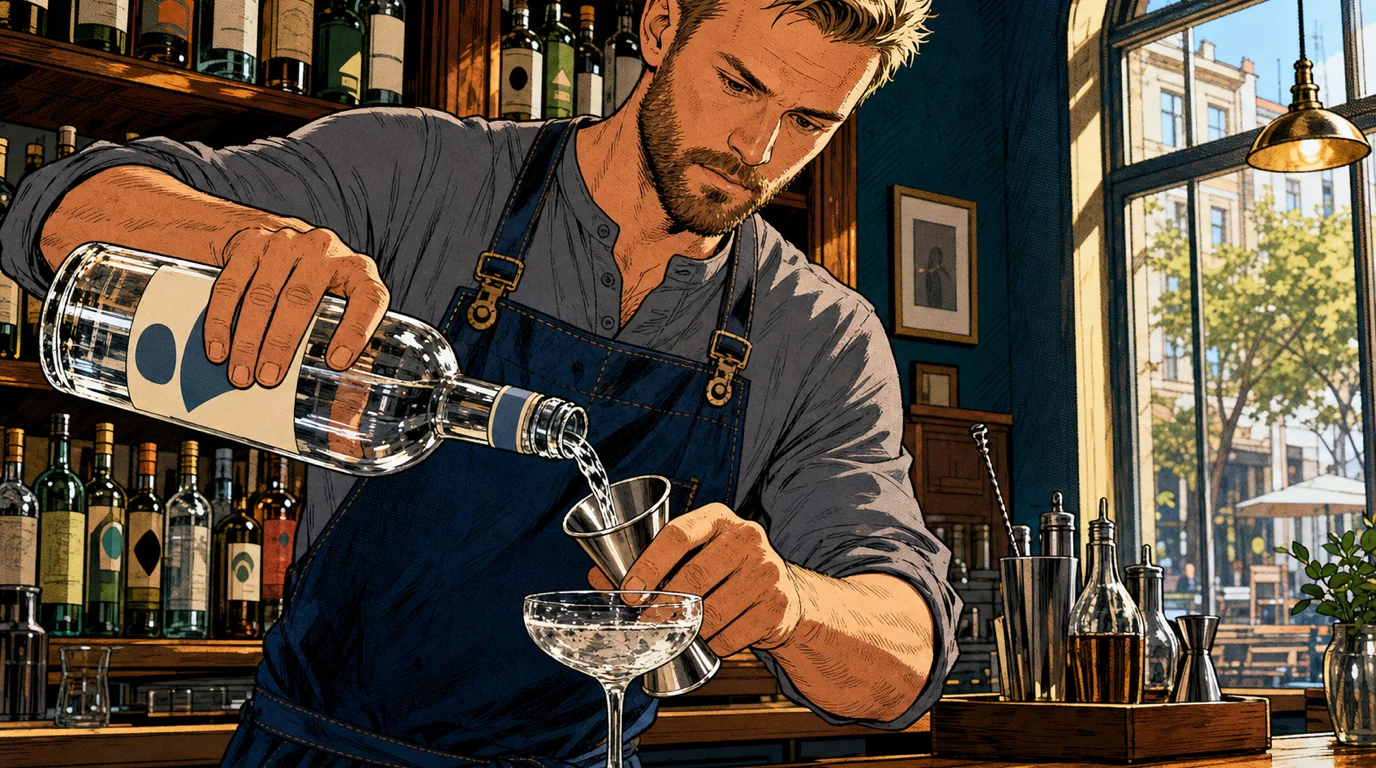 Bartender free-pouring spirit into a coupe glass under warm daylight from cafe windows
