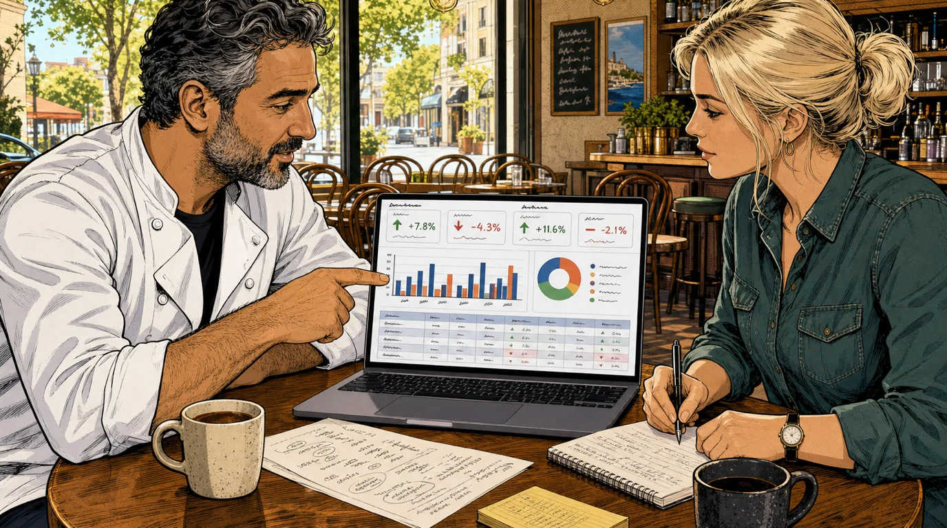 Bar manager and chef reviewing weekly variance reports together at a wooden table by a sunlit window