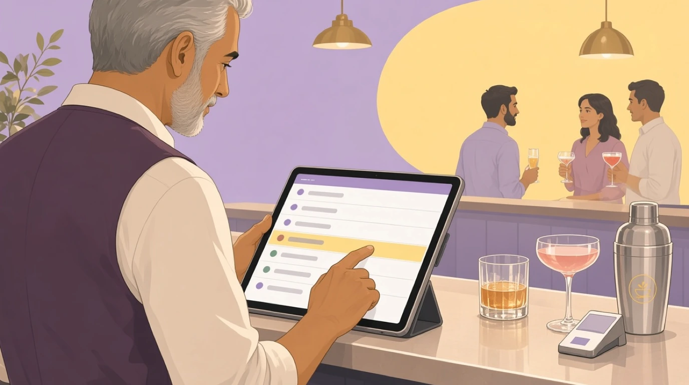 Camarero con barba gris selecciona la cuenta abierta de un cliente en una tableta