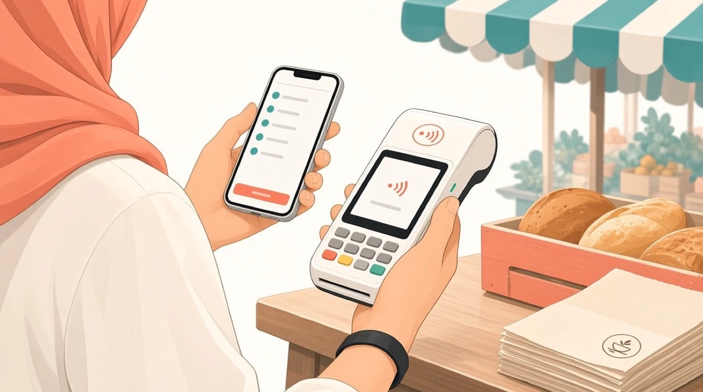 Market stall vendor holding a phone with an order list and a card payment terminal