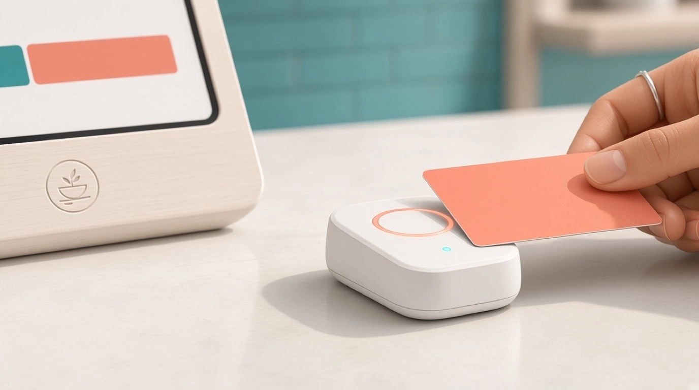 Hand tapping a coral card on a compact reader beside a tablet till