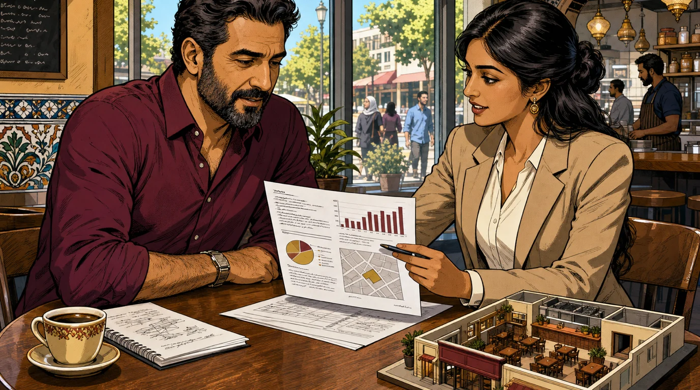 Restaurant owner and a financial advisor reviewing a break-even scenario for opening a second location