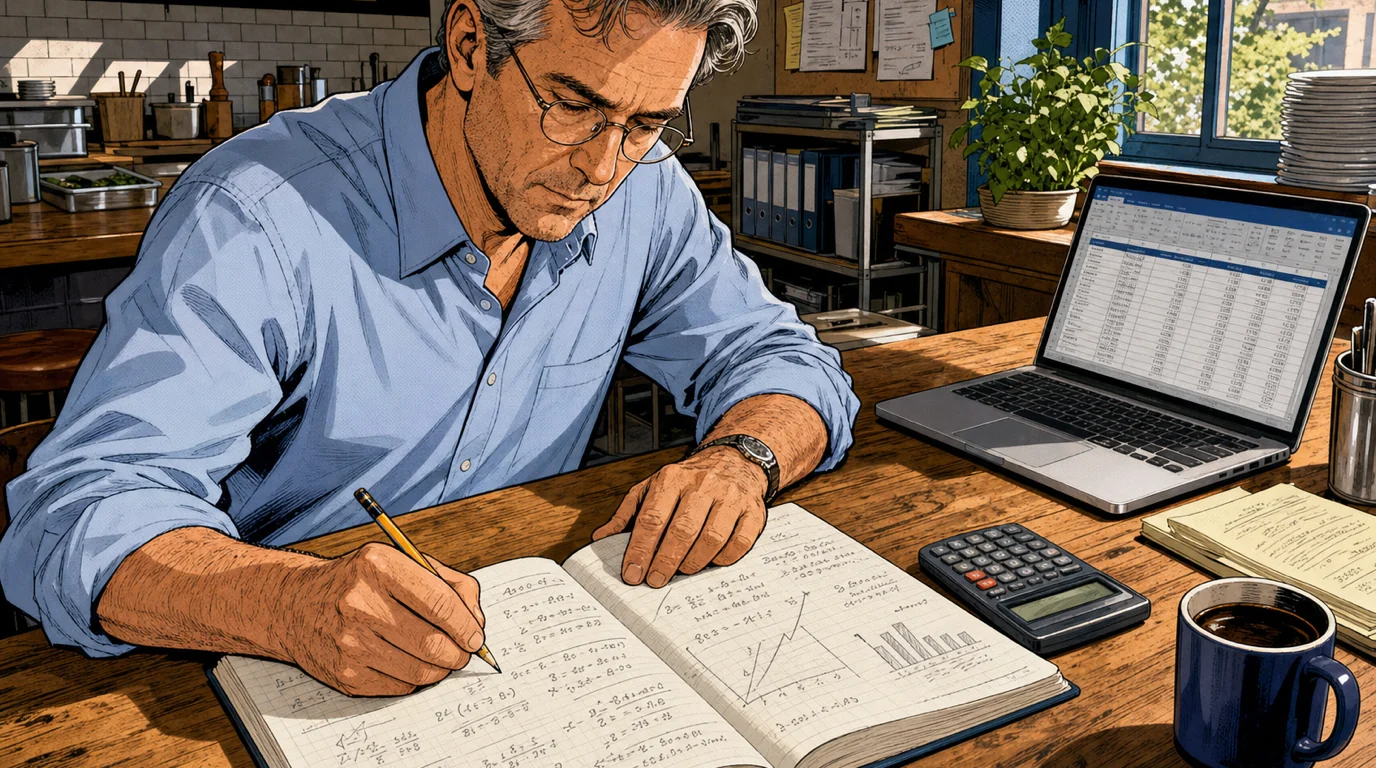An operator working through a break-even calculation on a tablet with revenue projections