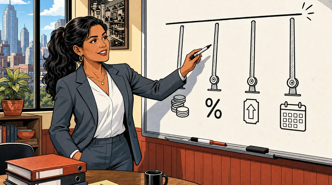 Restaurant manager pointing to a wall chart showing the four break-even levers
