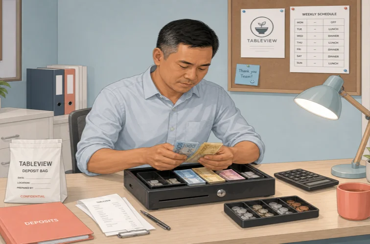 Restaurant manager counting the cash drawer and building a deposit at the end of the night