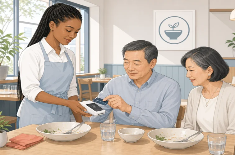 Server bringing a handheld card terminal to the table while a guest taps to pay