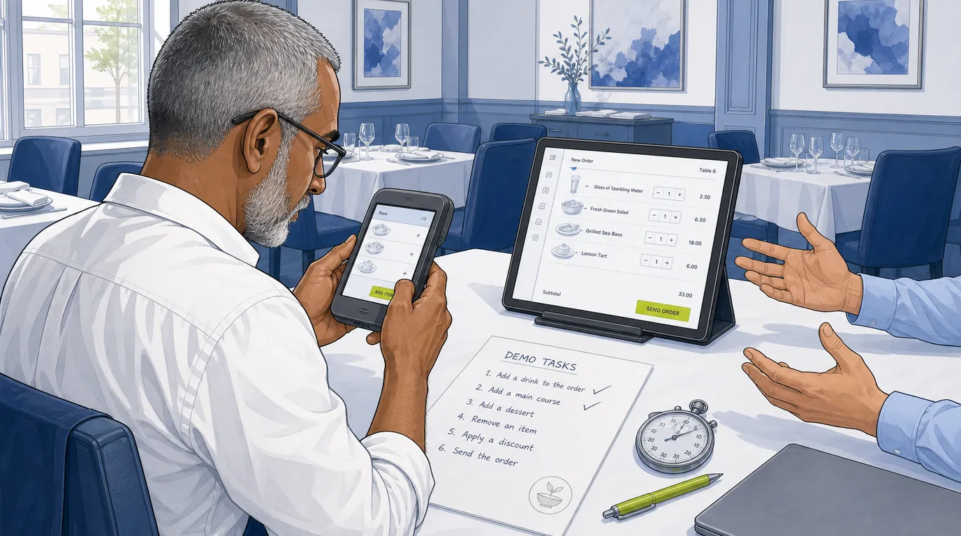 Restaurant owner operating a handheld terminal himself beside a printed demo task list and stopwatch