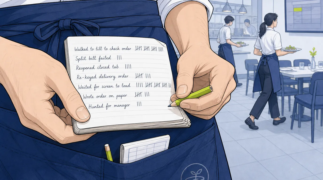 Server writing counts in a pocket notebook to record how often the POS delays service