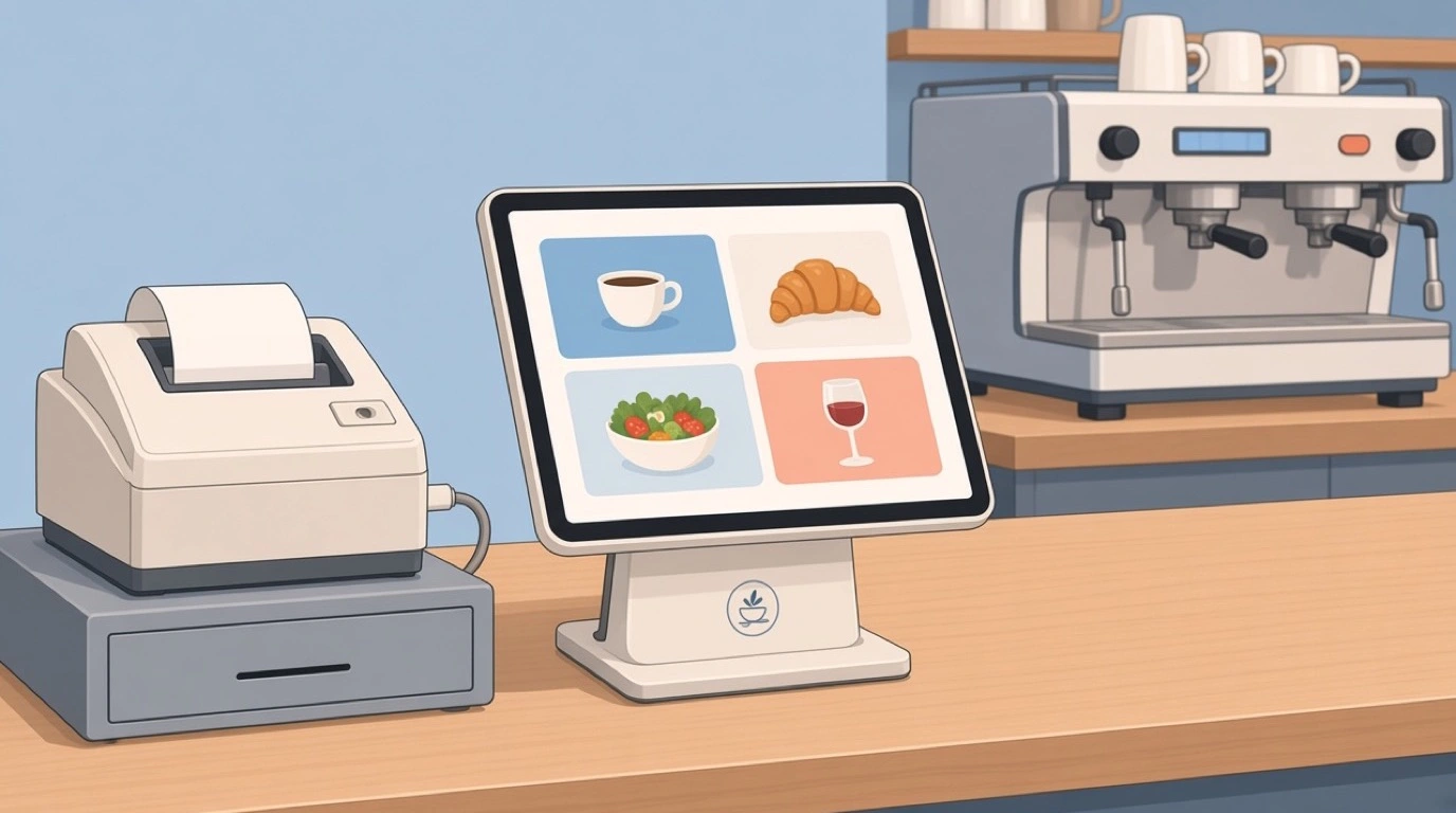 Une imprimante de tickets et un tiroir-caisse existants reliés à une nouvelle caisse cloud sur le comptoir d’un café