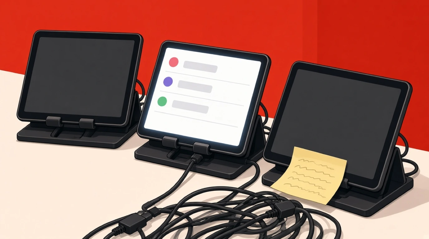 Drei Tablets von Liefer-Apps stehen dicht gedrängt in Halterungen über einem Gewirr aus Ladekabeln