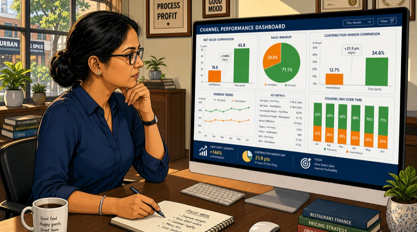 Restaurant manager in a navy blouse studying a colorful financial dashboard on a desktop screen showing marketplace channel margins, in a bright sunlit office