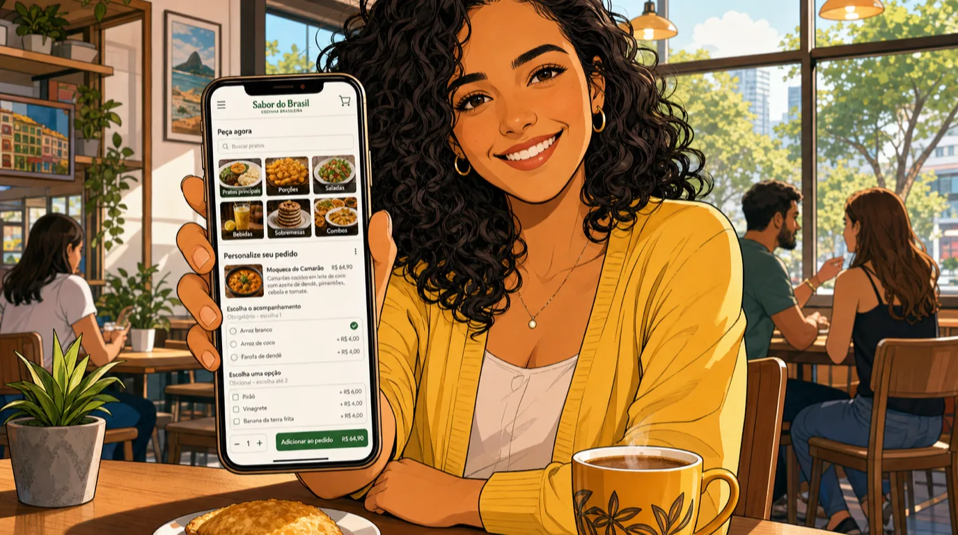 Smiling guest holding a smartphone showing a restaurant's first-party online ordering app while seated at a sunlit cafe table with coffee