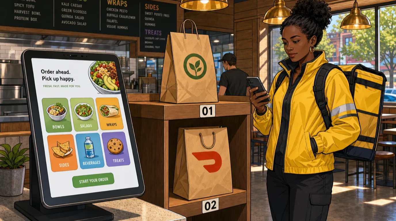 Bright sunlit restaurant counter with a tablet showing a first-party online ordering app, beside a numbered pickup shelf with delivery driver in the background
