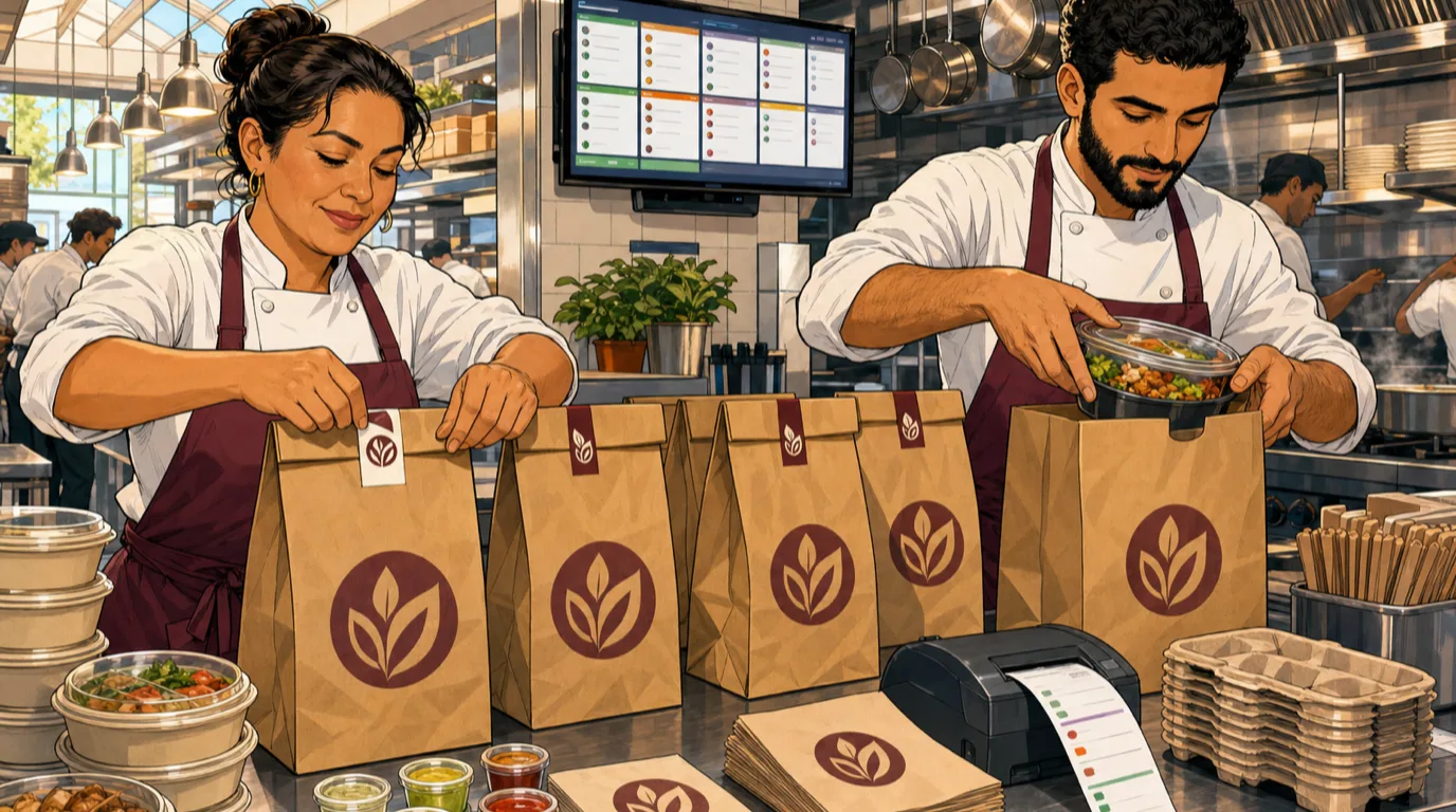 Two cooks in white chef coats and burgundy aprons assembling sealed delivery bags at a stainless-steel takeout packing station with a KDS screen overhead and a ticket printer beside them, in a bright sunlit professional restaurant kitchen