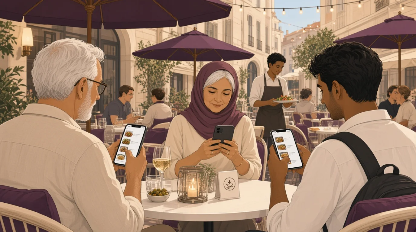 Three guests on an evening terrace browse the restaurant menu on their phones