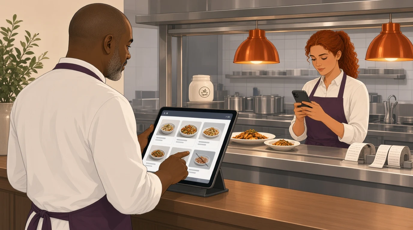 A head chef marks a dish sold out on a tablet while a server checks her phone