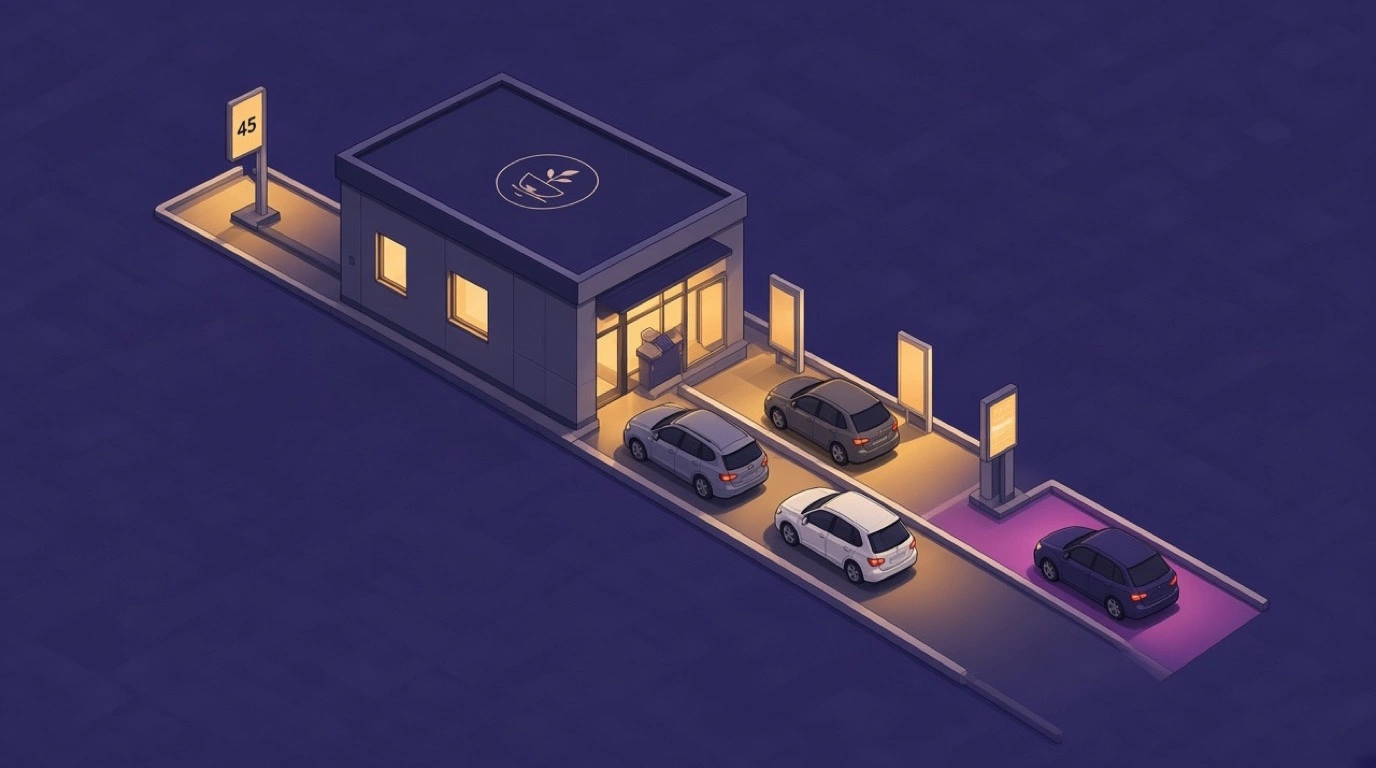 Vista notturna isometrica di una corsia drive-thru con quattro auto e una piazzola illuminata per l’avanzamento