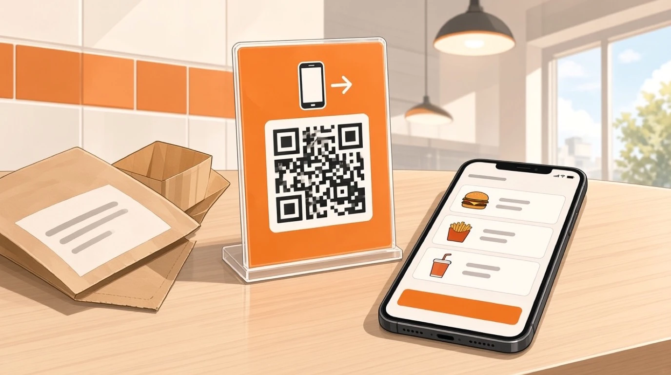 Présentoir de commande par QR code sur le comptoir d’un fast-food, à côté d’un smartphone affichant un menu burger, frites et boisson