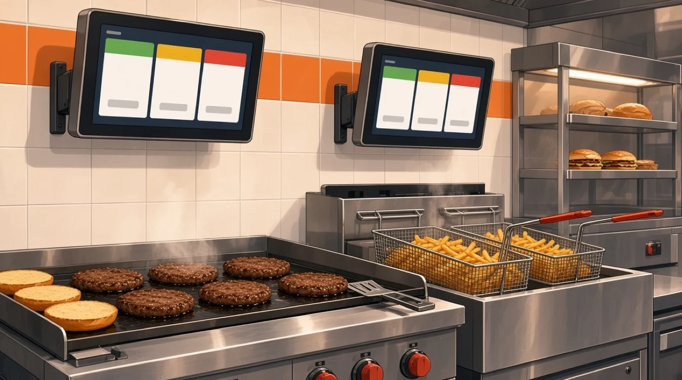 Ligne de cuisson d’un restaurant de burgers avec des steaks sur la plancha, des frites qui égouttent à la friteuse et des écrans de cuisine au-dessus de chaque poste affichant les commandes par couleur