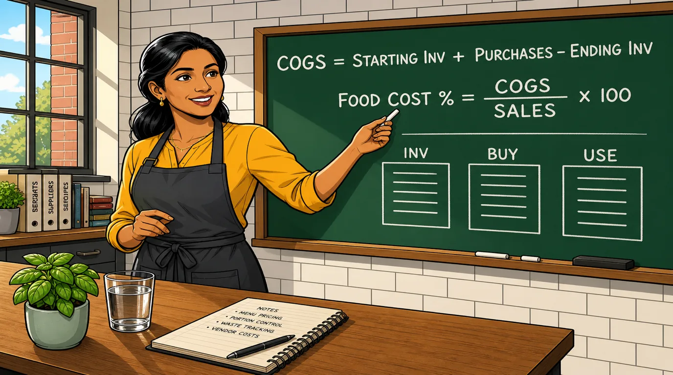 Kitchen whiteboard showing food cost percentage formula and weekly inventory calculation