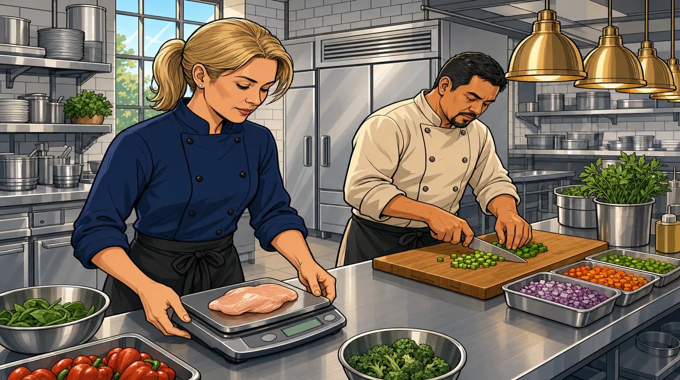 Restaurant chef and manager checking food cost on a tablet during a line check