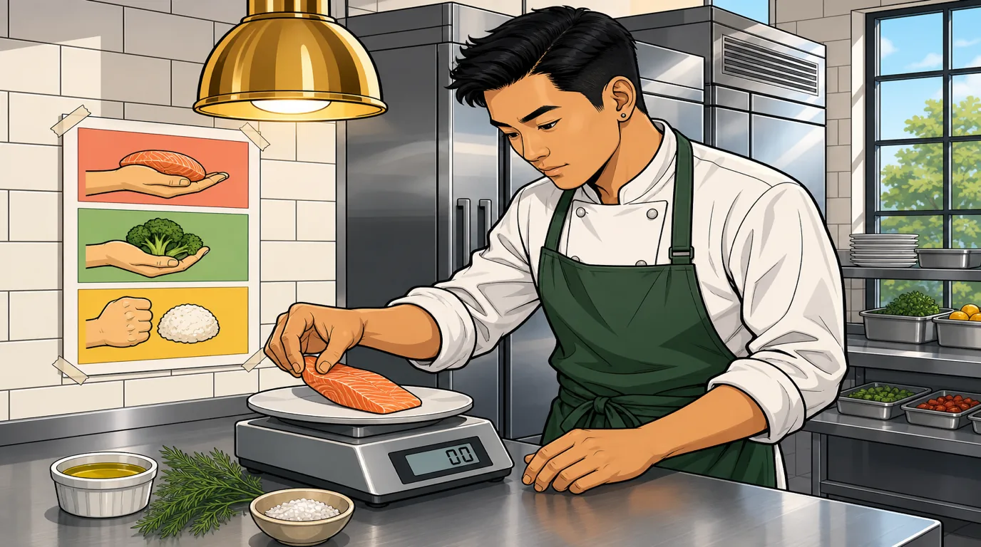 Restaurant cook weighing a protein portion on a digital scale at the kitchen line