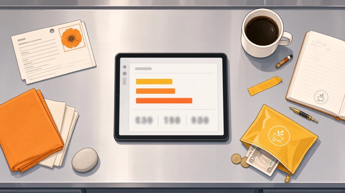 Tablet showing a sales report from above, beside an event permit and a cash bag