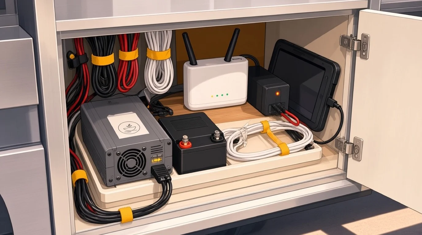 Open cupboard in a food truck holding a power inverter, battery, router and bundled cables
