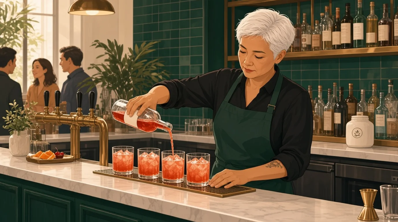 Eine Barkeeperin gießt einen vorab zubereiteten Cocktail in eine Reihe von mit Eis gefüllten Gläsern an einer smaragdgrünen Bar