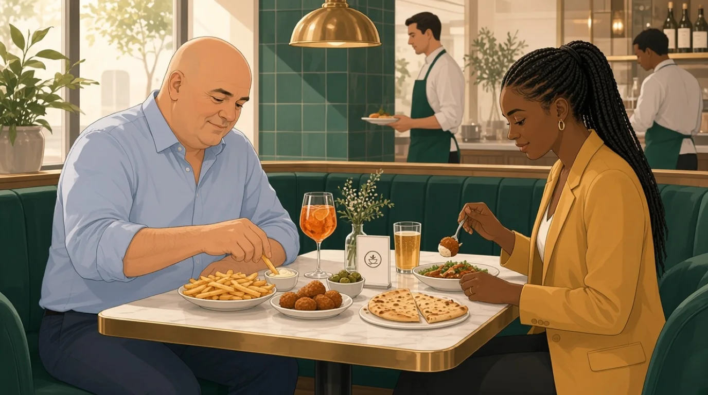 Zwei Gäste genießen gemeinsam Pommes frites, Kroketten, Oliven und Fladenbrot, dazu einen Spritz und ein Lagerbier