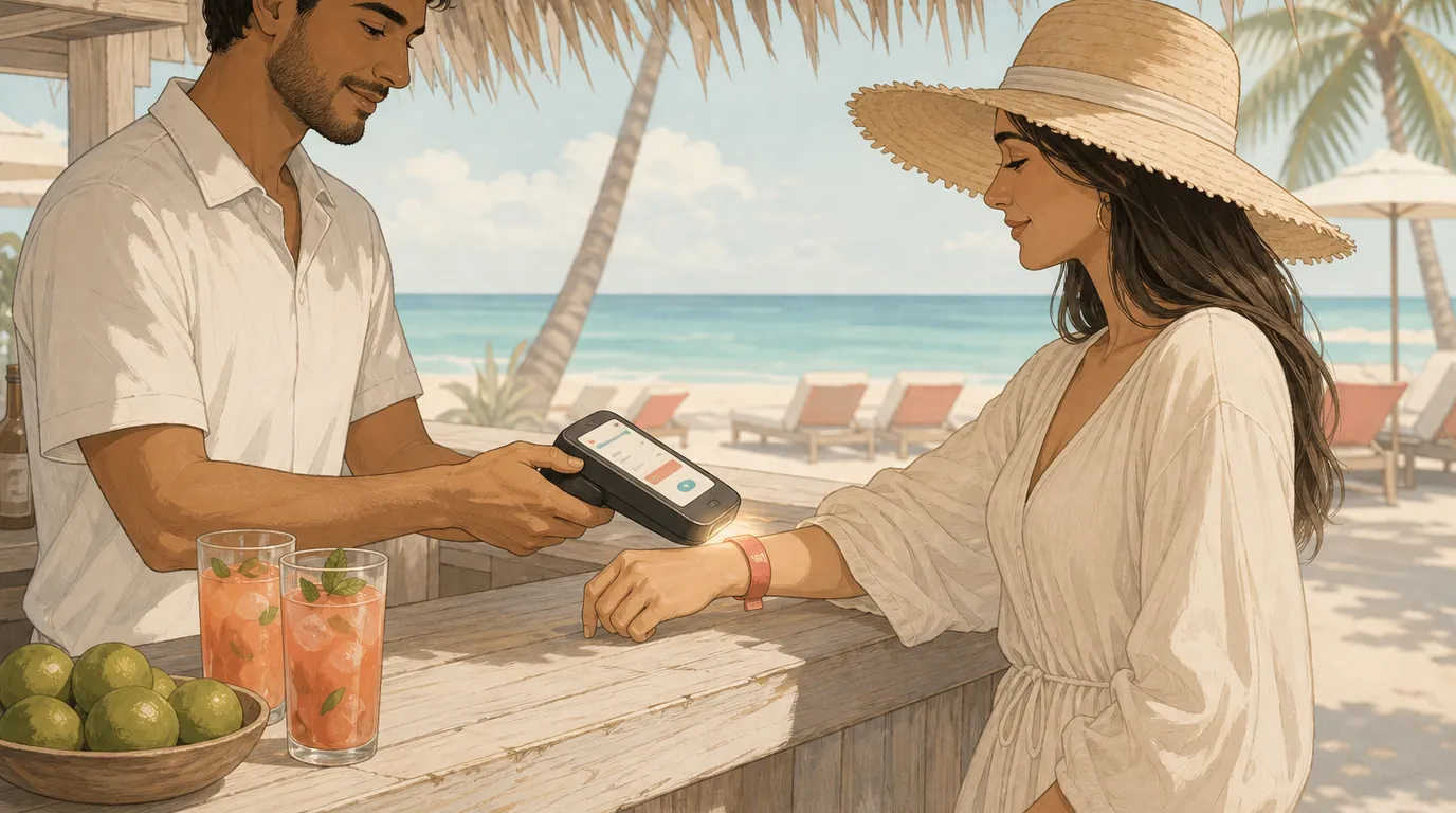 Beach bar server scanning an all inclusive guest wristband on a handheld terminal to record a drink included in the package