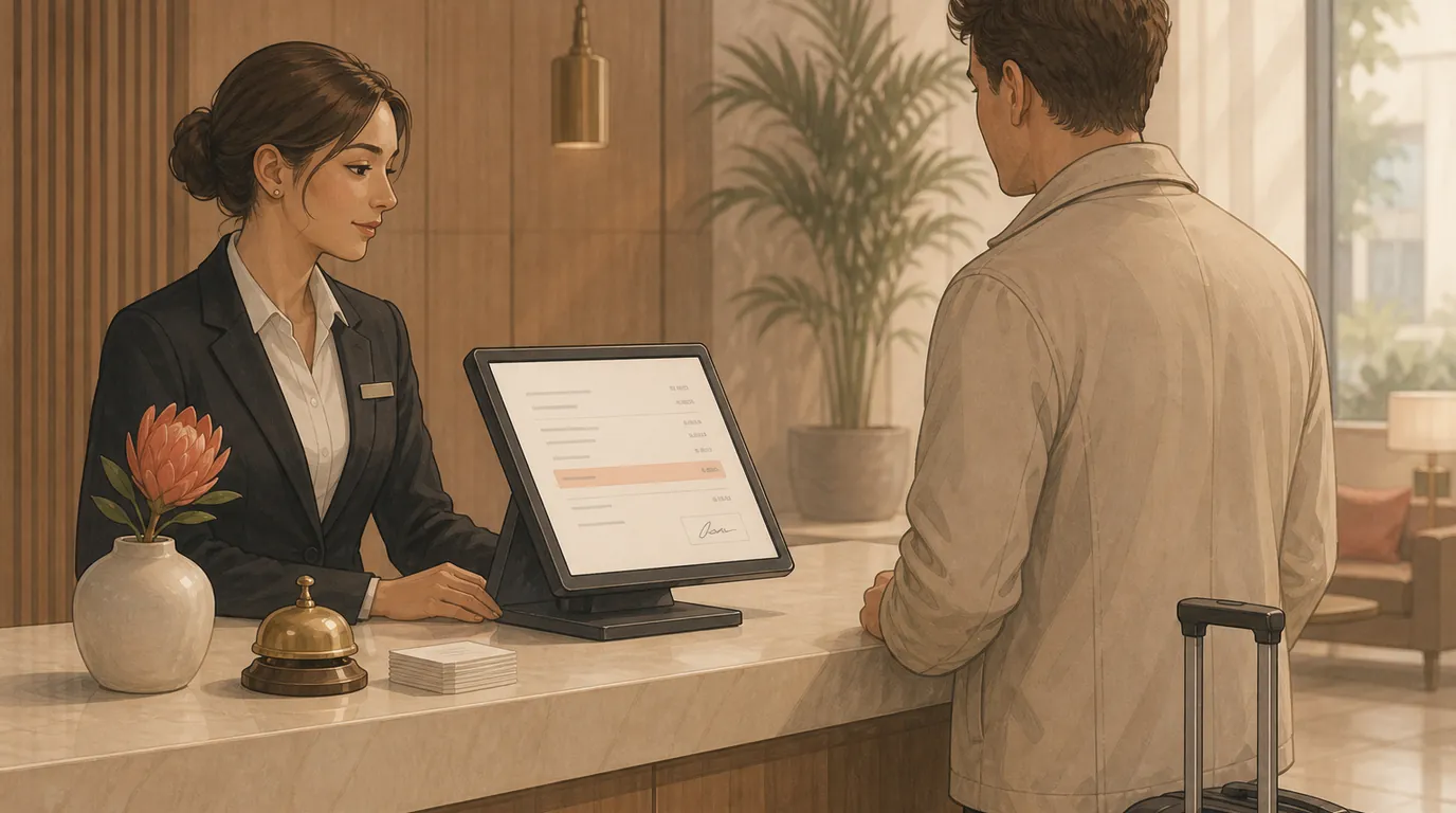 Hotel front desk agent reviewing an itemised guest folio on a point of sale terminal at checkout