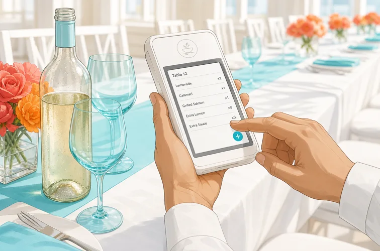Des mains ajoutant un plat supplémentaire sur un terminal portable, à une table de banquet dressée