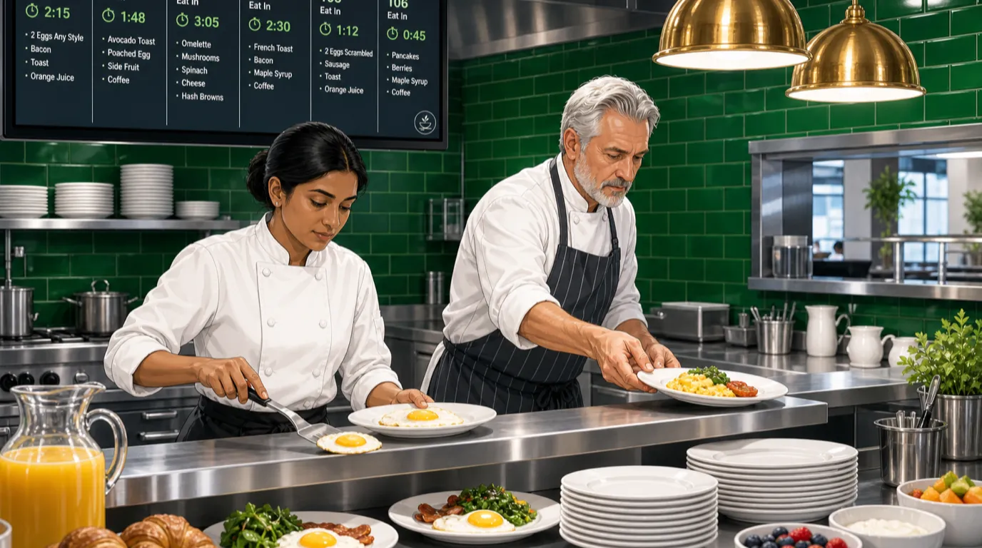 Two cooks plate breakfast at a steel pass below a screen listing room orders and timers