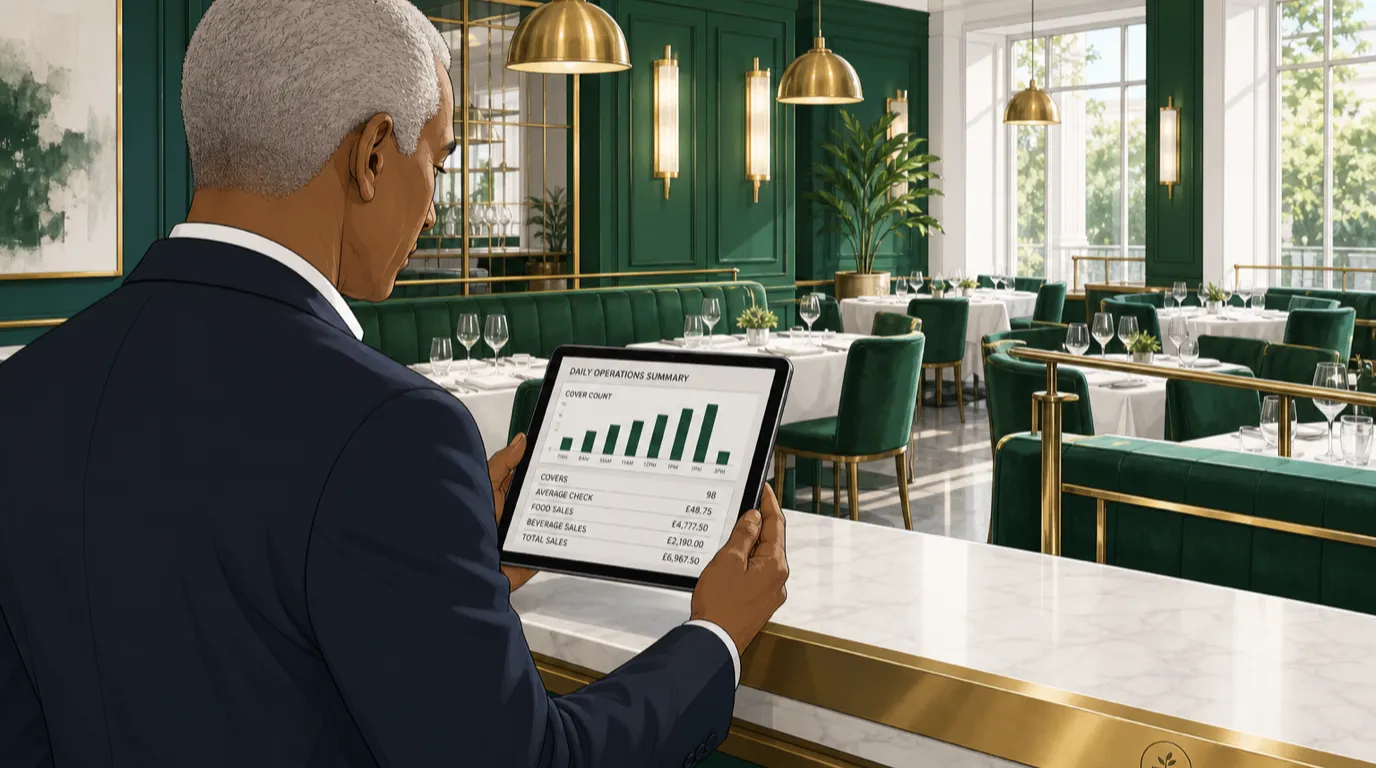 A hotel manager in a suit studies a daily operations summary with a cover count chart on a tablet