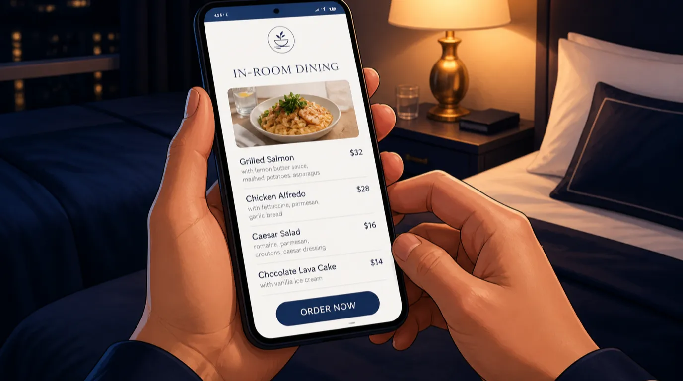 Des mains tiennent un téléphone sur lequel s'affiche le menu du service en chambre, avec les prix des plats, à côté d'une lampe de chevet allumée