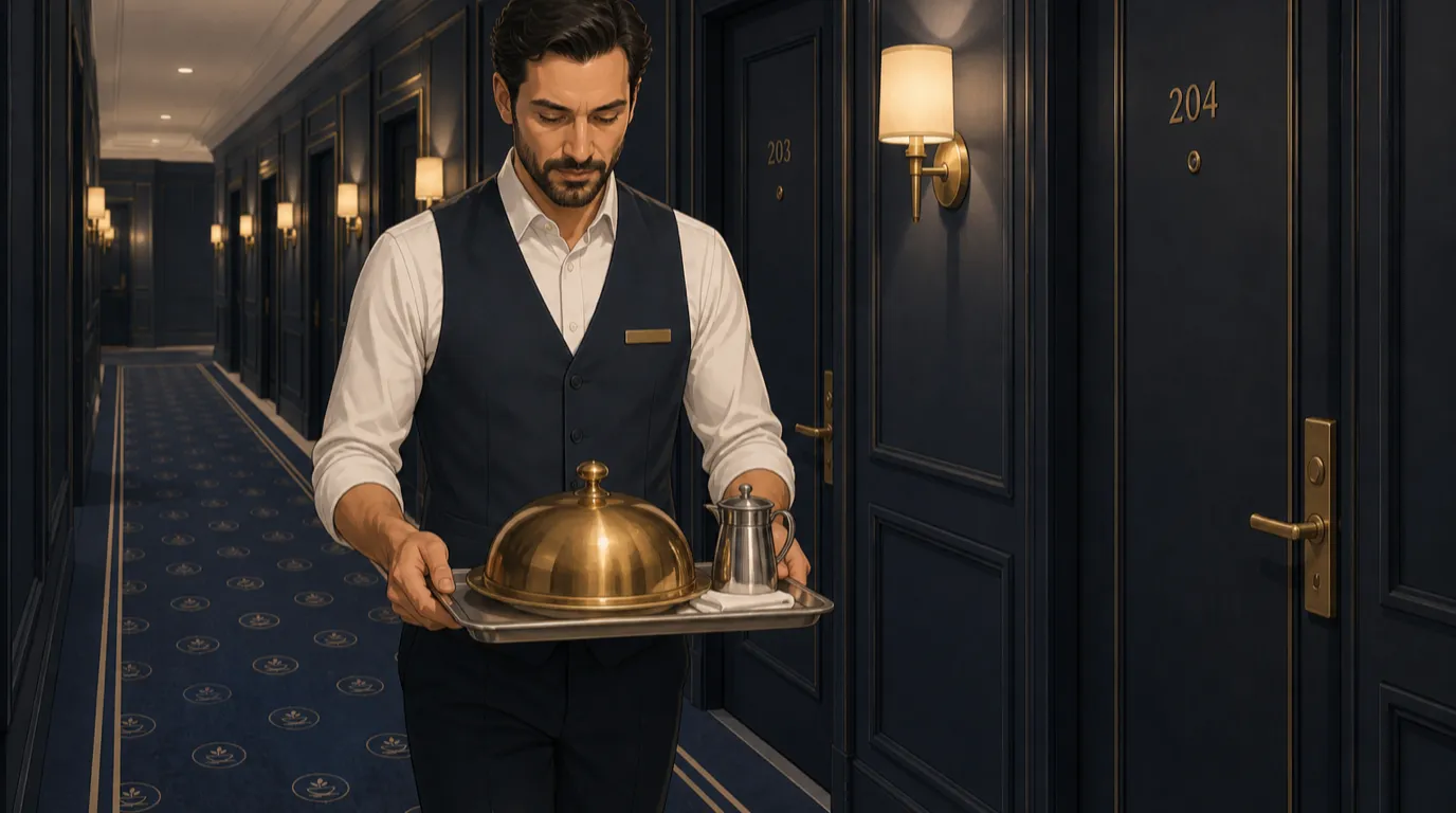 Un employé du service en chambre passe devant des portes numérotées dans un couloir, un plateau sur lequel repose une cloche en laiton