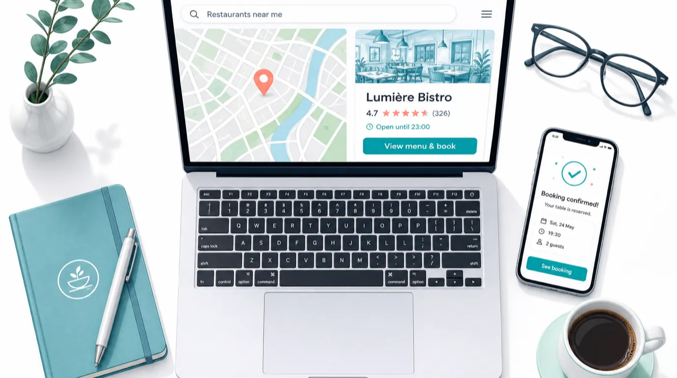 Overhead view of a laptop showing a local search map result and a booking confirmation on a bright desk