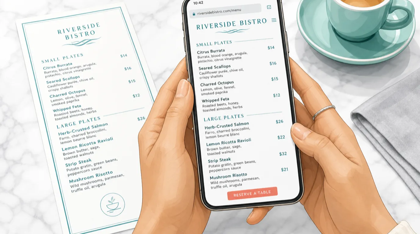 Close-up of hands holding a phone showing a restaurant menu page next to a printed menu on a bright counter