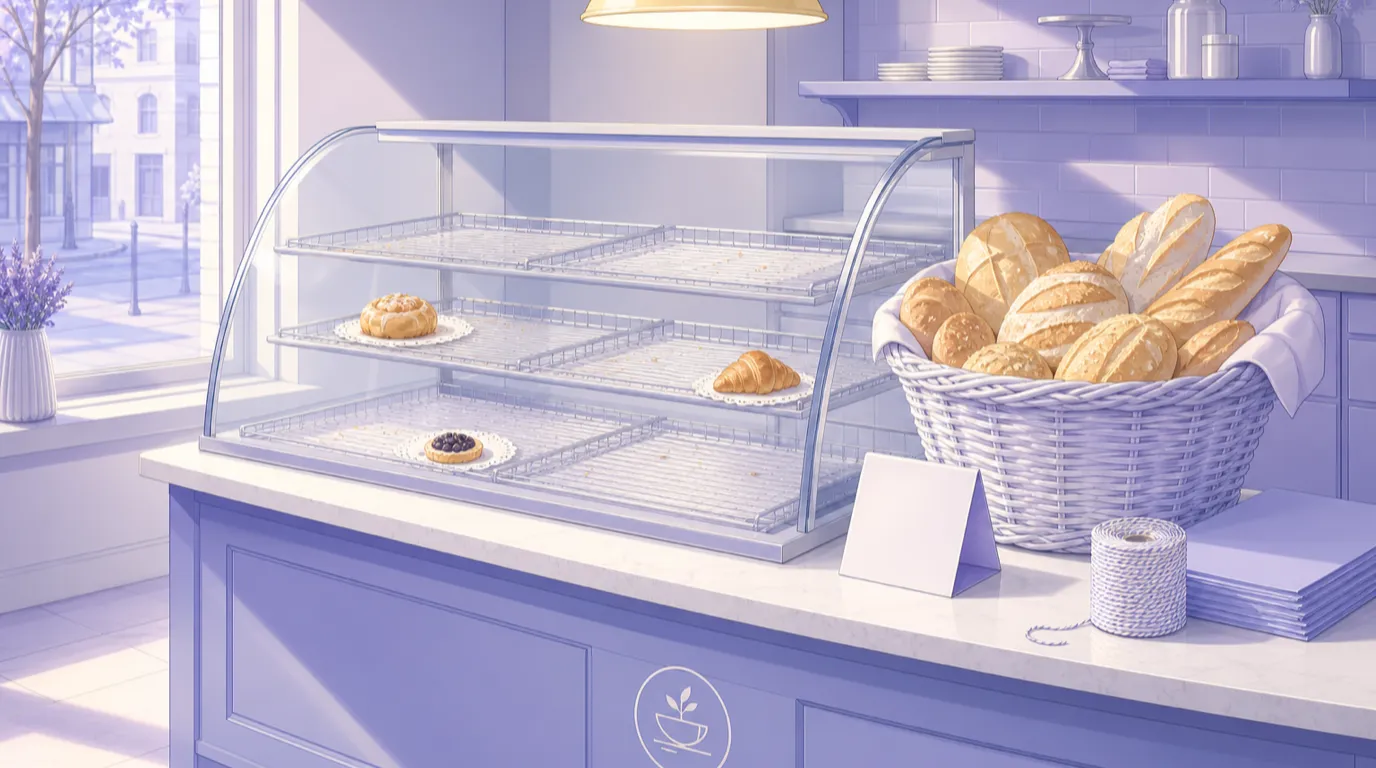 El mostrador de una panadería al final del día, con una cesta de productos del día anterior a precio rebajado junto a una vitrina casi vacía