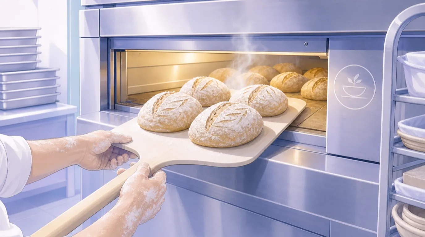 Manos espolvoreadas de harina que introducen en un horno de banda caliente de panadería unas paletas con panes de masa madre ya marcados