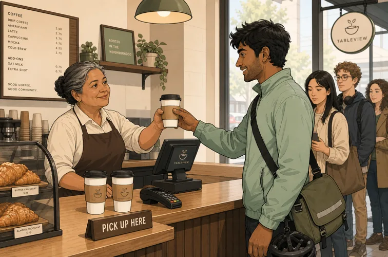 Eine Barista reicht einem Pendler während des Morgenandrangs einen Kaffee zum Mitnehmen über die Theke
