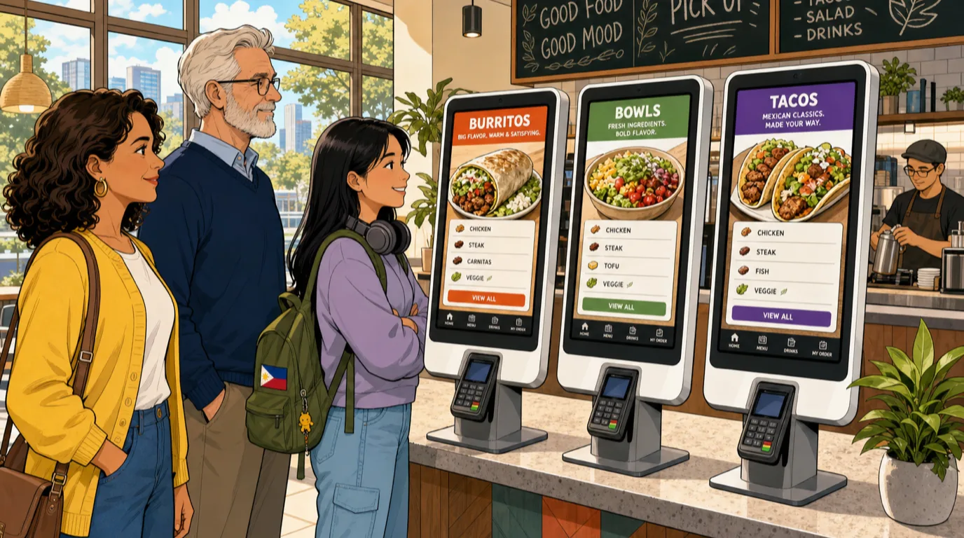 Modern fast-casual restaurant interior with a row of three self-ordering kiosks on a sunlit countertop, guests waiting in an orderly queue