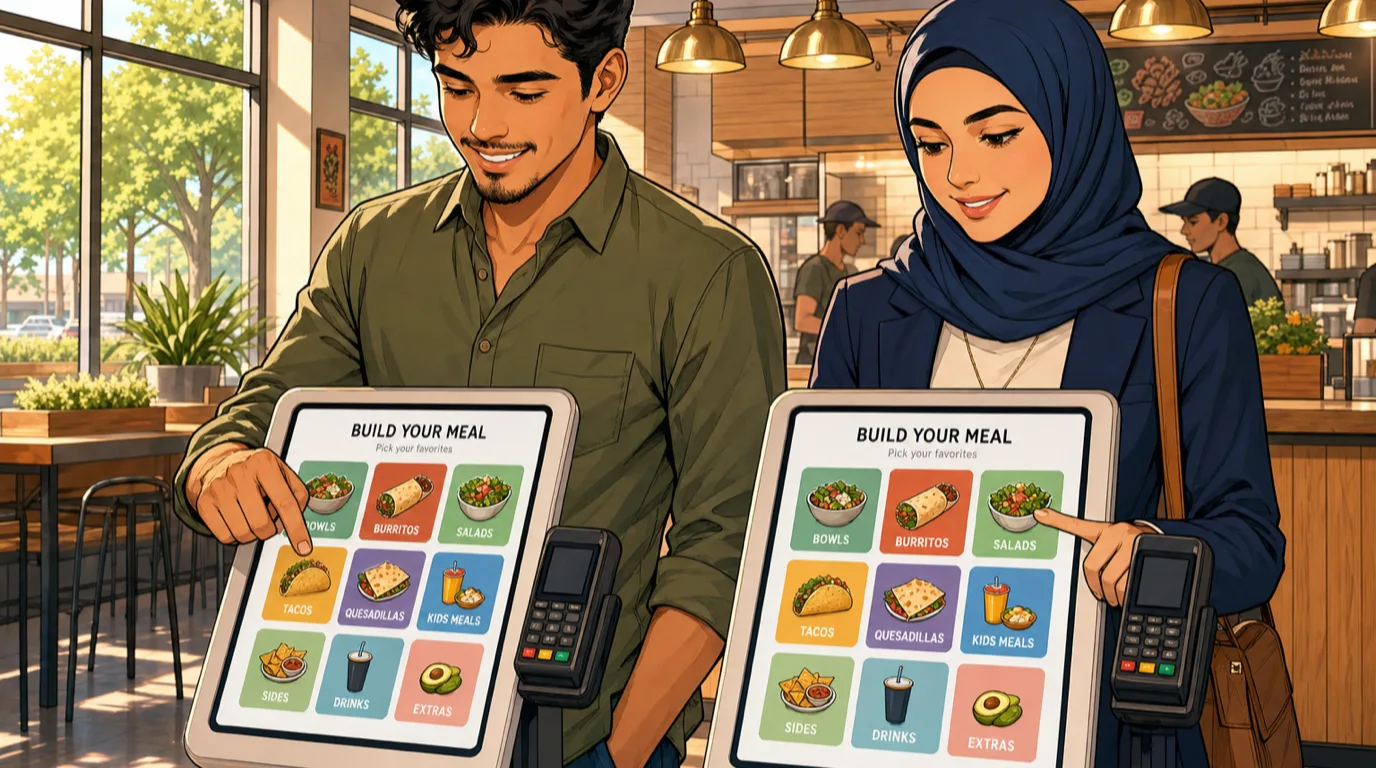 Two guests using a self-ordering kiosk in a bright sunlit fast-casual restaurant, with one tapping the screen to customise their order