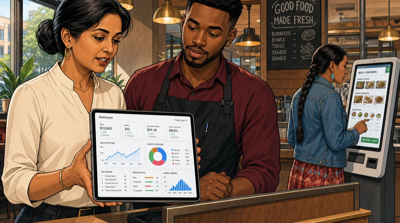 Restaurant manager and a server in a sunlit dining room reviewing a tablet with order data while a guest uses a kiosk in the background