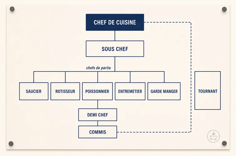 Kitchen hierarchy chart from chef de cuisine down to commis, with the tournant alongside