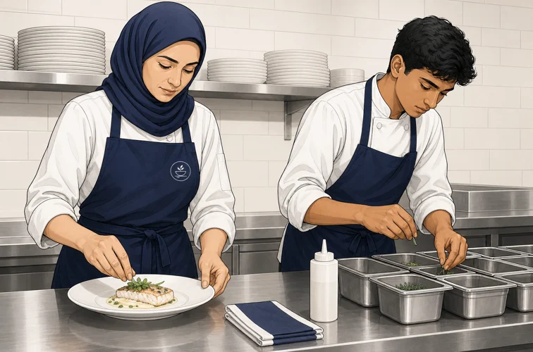 Senior cook plating while a junior portions garnish at the same kitchen station